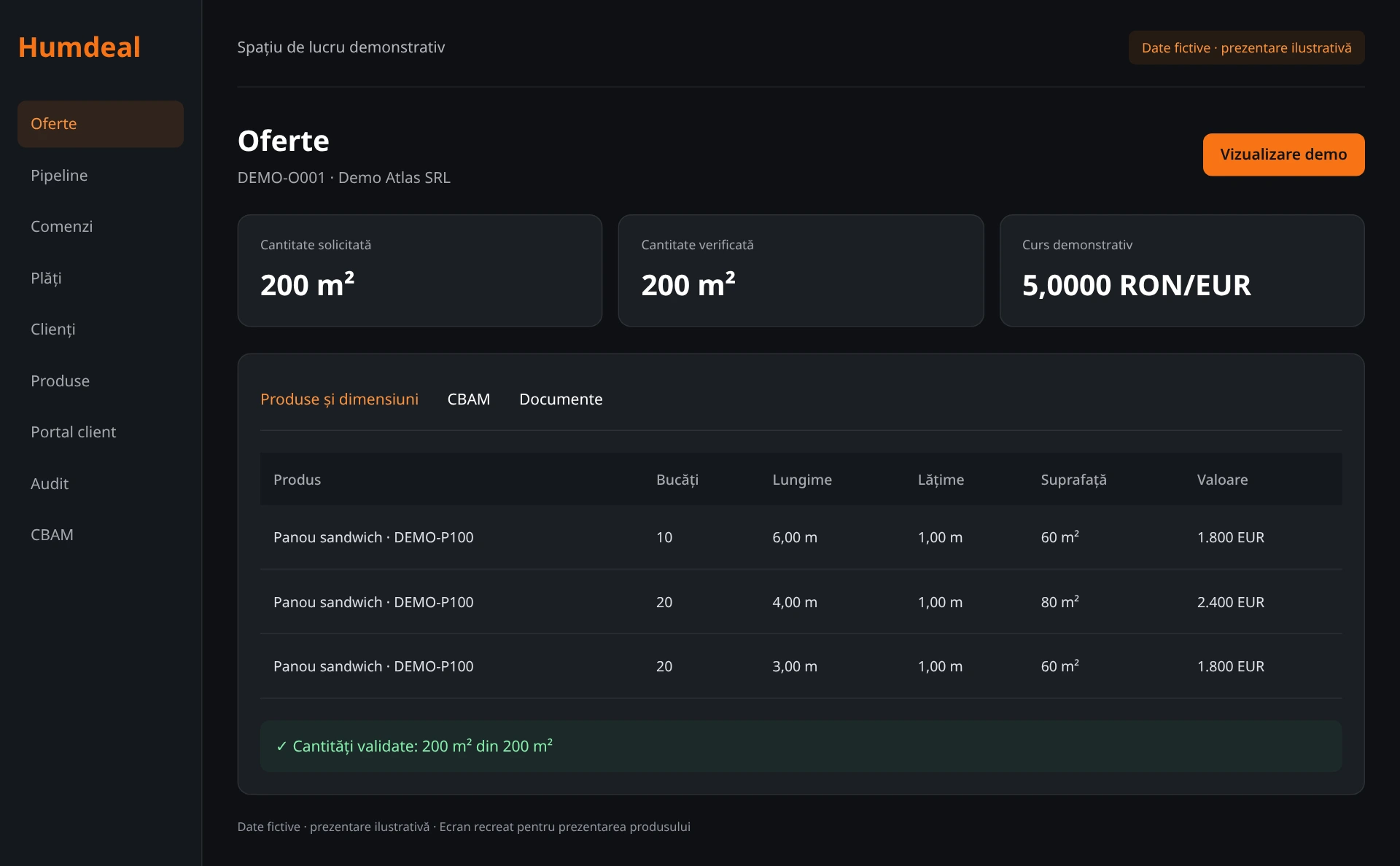 Ecran demonstrativ Humdeal, cu date fictive