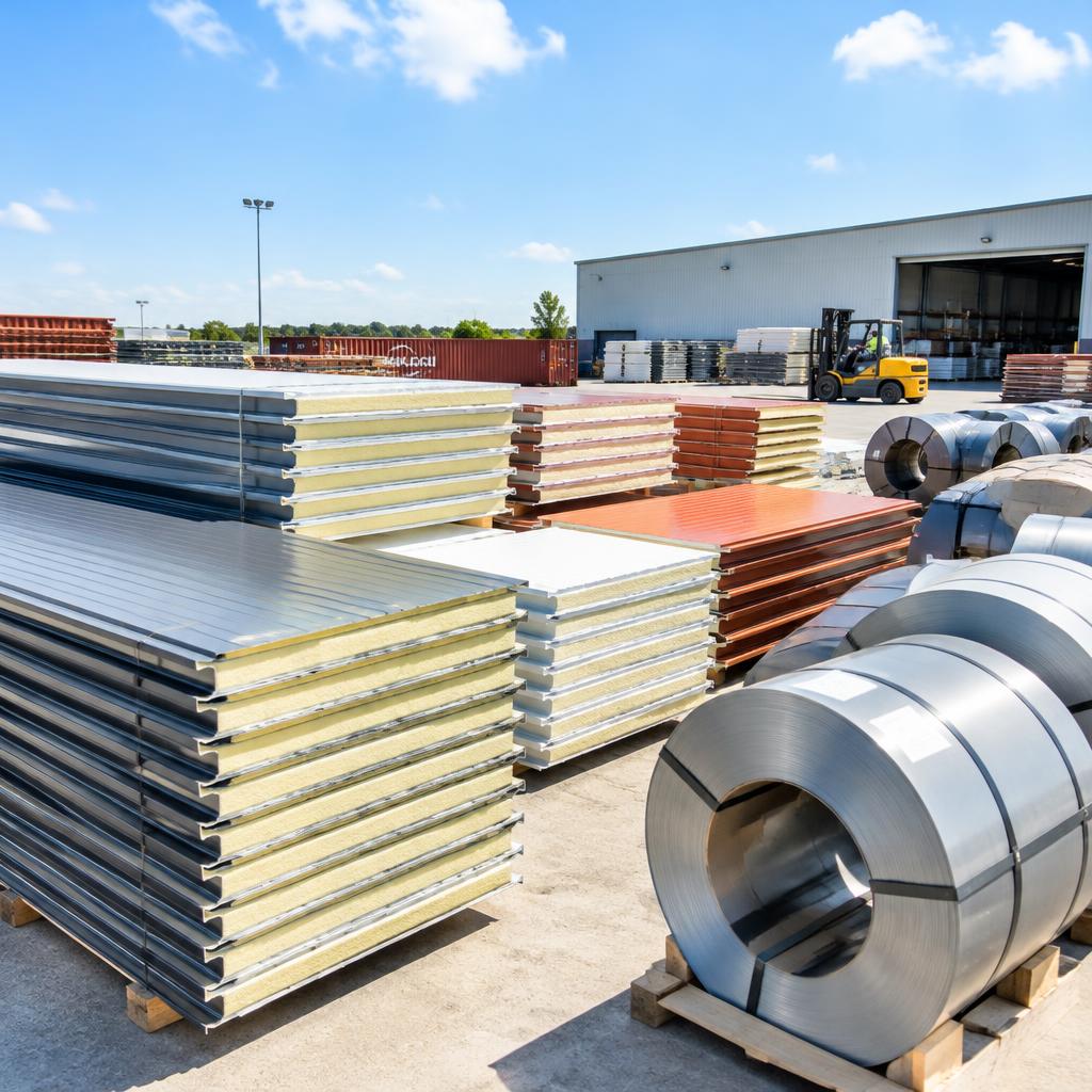 Panouri sandwich, tablă cutată și profile metalice într-un depozit de materiale